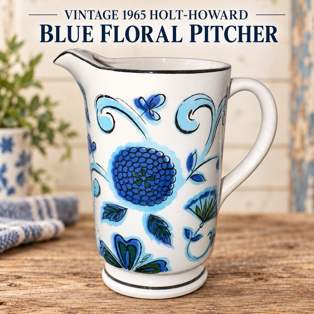 Vintage 1965 Holt Howard 7068 Blue Floral Ceramic Pitcher Japan 8.5” MCM